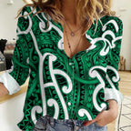 Aotearoa Maori Kowhaiwhai Women Casual Shirt Kakariki Puhoro and Patiki