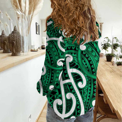 Aotearoa Maori Kowhaiwhai Women Casual Shirt Kakariki Puhoro and Patiki