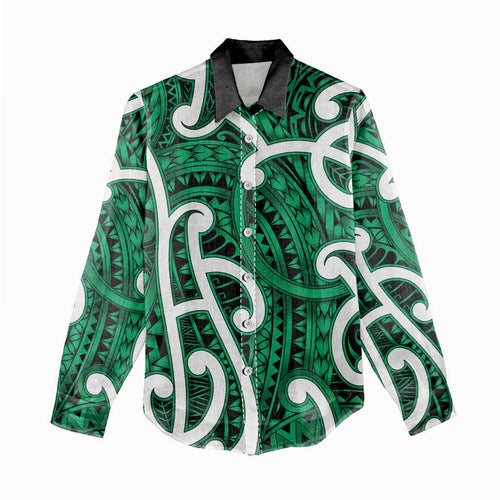 Aotearoa Maori Kowhaiwhai Women Casual Shirt Kakariki Puhoro and Patiki