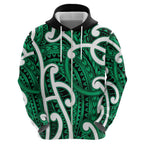 Aotearoa Maori Kowhaiwhai Zip Hoodie Kakariki Puhoro and Patiki