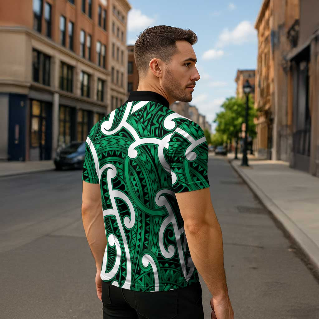 Aotearoa Maori Kowhaiwhai Zipper Polo Shirt Kakariki Puhoro and Patiki