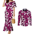 Aotearoa Maori Kowhaiwhai Couples Matching Mermaid Dress and Long Sleeve Button Shirt Mawhero Puhoro and Patiki