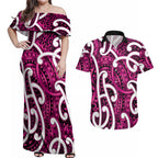 Aotearoa Maori Kowhaiwhai Couples Matching Off Shoulder Maxi Dress and Hawaiian Shirt Mawhero Puhoro and Patiki