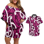 Aotearoa Maori Kowhaiwhai Couples Matching Off Shoulder Short Dress and Hawaiian Shirt Mawhero Puhoro and Patiki