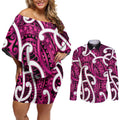 Aotearoa Maori Kowhaiwhai Couples Matching Off Shoulder Short Dress and Long Sleeve Button Shirt Mawhero Puhoro and Patiki
