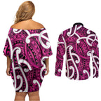 Aotearoa Maori Kowhaiwhai Couples Matching Off Shoulder Short Dress and Long Sleeve Button Shirt Mawhero Puhoro and Patiki