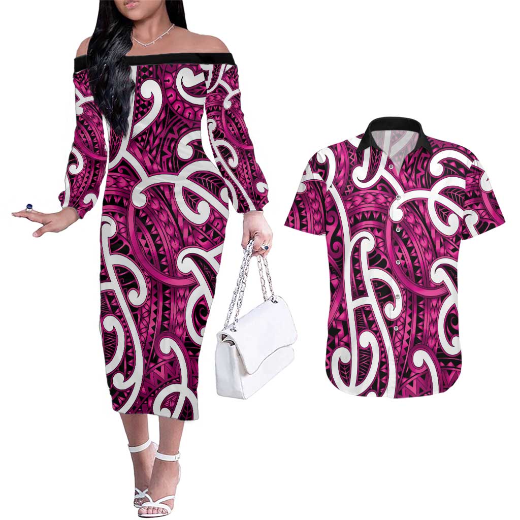 Aotearoa Maori Kowhaiwhai Couples Matching Off The Shoulder Long Sleeve Dress and Hawaiian Shirt Mawhero Puhoro and Patiki