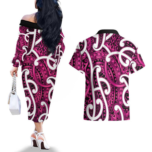 Aotearoa Maori Kowhaiwhai Couples Matching Off The Shoulder Long Sleeve Dress and Hawaiian Shirt Mawhero Puhoro and Patiki