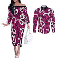 Aotearoa Maori Kowhaiwhai Couples Matching Off The Shoulder Long Sleeve Dress and Long Sleeve Button Shirt Mawhero Puhoro and Patiki