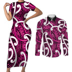 Aotearoa Maori Kowhaiwhai Couples Matching Short Sleeve Bodycon Dress and Long Sleeve Button Shirt Mawhero Puhoro and Patiki