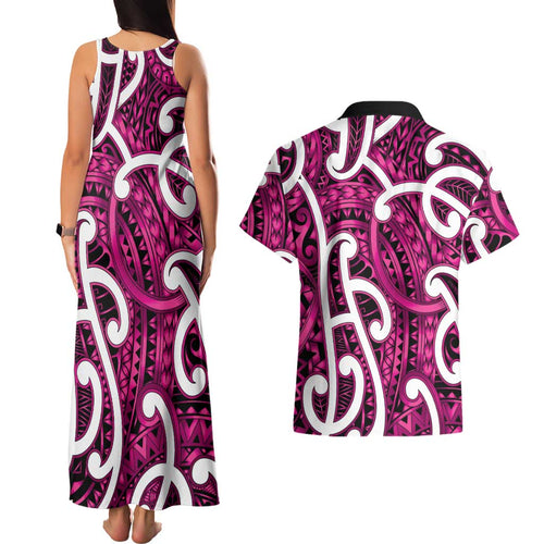 Aotearoa Maori Kowhaiwhai Couples Matching Tank Maxi Dress and Hawaiian Shirt Mawhero Puhoro and Patiki