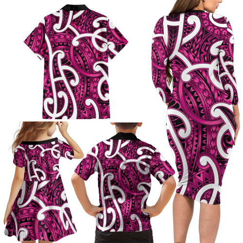 Aotearoa Maori Kowhaiwhai Family Matching Long Sleeve Bodycon Dress and Hawaiian Shirt Mawhero Puhoro and Patiki