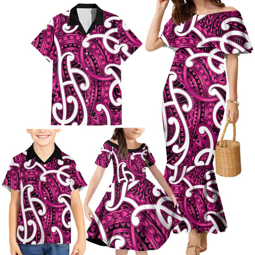Aotearoa Maori Kowhaiwhai Family Matching Mermaid Dress and Hawaiian Shirt Mawhero Puhoro and Patiki