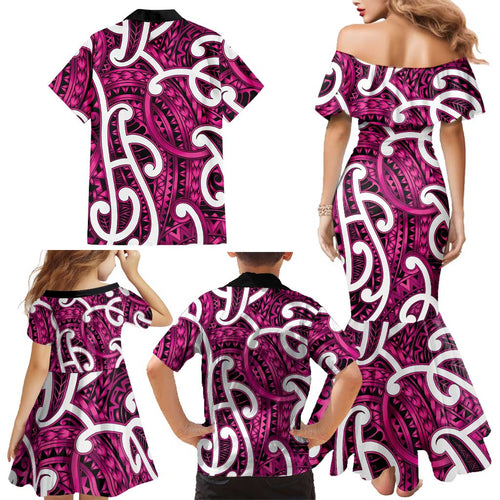 Aotearoa Maori Kowhaiwhai Family Matching Mermaid Dress and Hawaiian Shirt Mawhero Puhoro and Patiki