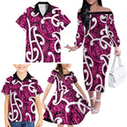 Aotearoa Maori Kowhaiwhai Family Matching Off The Shoulder Long Sleeve Dress and Hawaiian Shirt Mawhero Puhoro and Patiki