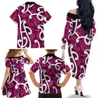 Aotearoa Maori Kowhaiwhai Family Matching Off The Shoulder Long Sleeve Dress and Hawaiian Shirt Mawhero Puhoro and Patiki