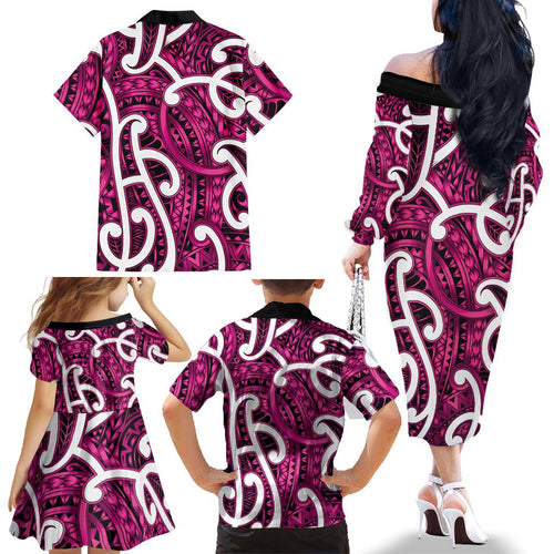 Aotearoa Maori Kowhaiwhai Family Matching Off The Shoulder Long Sleeve Dress and Hawaiian Shirt Mawhero Puhoro and Patiki