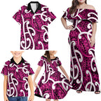 Aotearoa Maori Kowhaiwhai Family Matching Off Shoulder Maxi Dress and Hawaiian Shirt Mawhero Puhoro and Patiki
