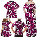 Aotearoa Maori Kowhaiwhai Family Matching Off Shoulder Maxi Dress and Hawaiian Shirt Mawhero Puhoro and Patiki
