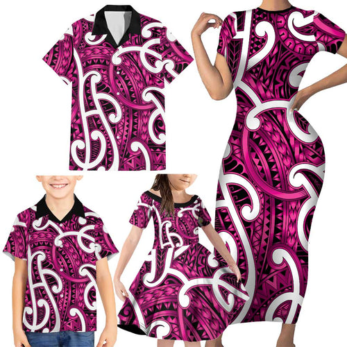 Aotearoa Maori Kowhaiwhai Family Matching Short Sleeve Bodycon Dress and Hawaiian Shirt Mawhero Puhoro and Patiki