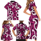 Aotearoa Maori Kowhaiwhai Family Matching Short Sleeve Bodycon Dress and Hawaiian Shirt Mawhero Puhoro and Patiki