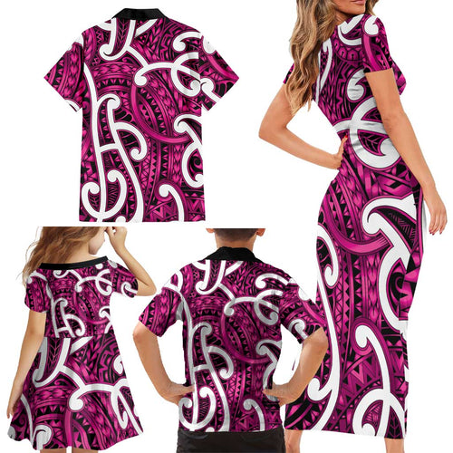Aotearoa Maori Kowhaiwhai Family Matching Short Sleeve Bodycon Dress and Hawaiian Shirt Mawhero Puhoro and Patiki
