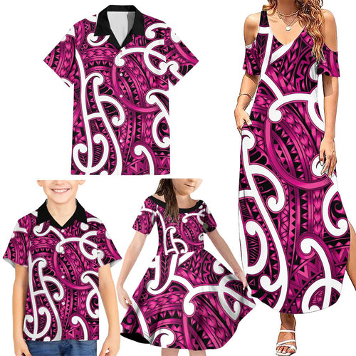 Aotearoa Maori Kowhaiwhai Family Matching Summer Maxi Dress and Hawaiian Shirt Mawhero Puhoro and Patiki
