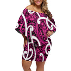 Aotearoa Maori Kowhaiwhai Off Shoulder Short Dress Mawhero Puhoro and Patiki