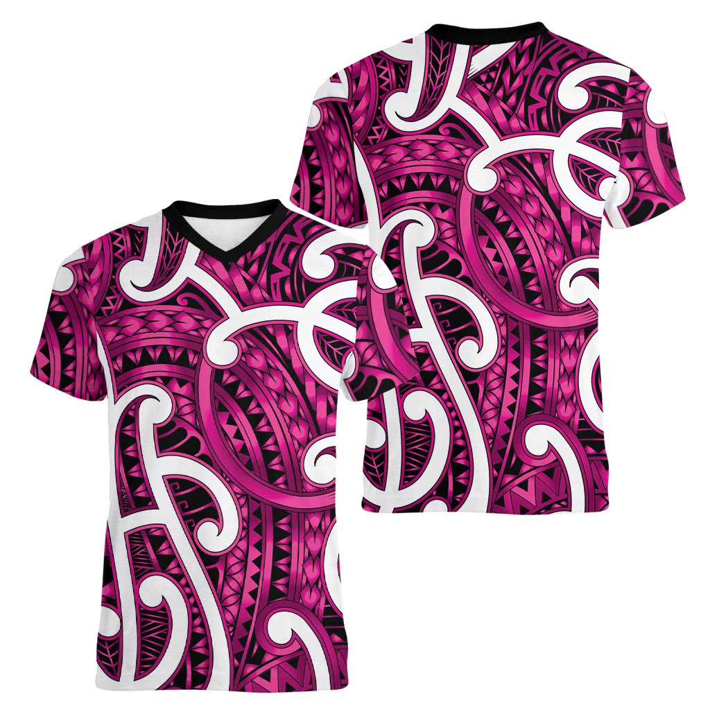 Aotearoa Maori Kowhaiwhai Women V-Neck T-Shirt Mawhero Puhoro and Patiki