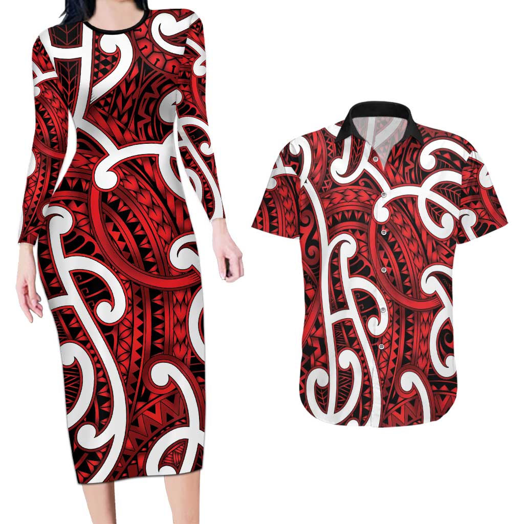 Aotearoa Maori Kowhaiwhai Couples Matching Long Sleeve Bodycon Dress and Hawaiian Shirt Whero Puhoro and Patiki