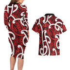 Aotearoa Maori Kowhaiwhai Couples Matching Long Sleeve Bodycon Dress and Hawaiian Shirt Whero Puhoro and Patiki