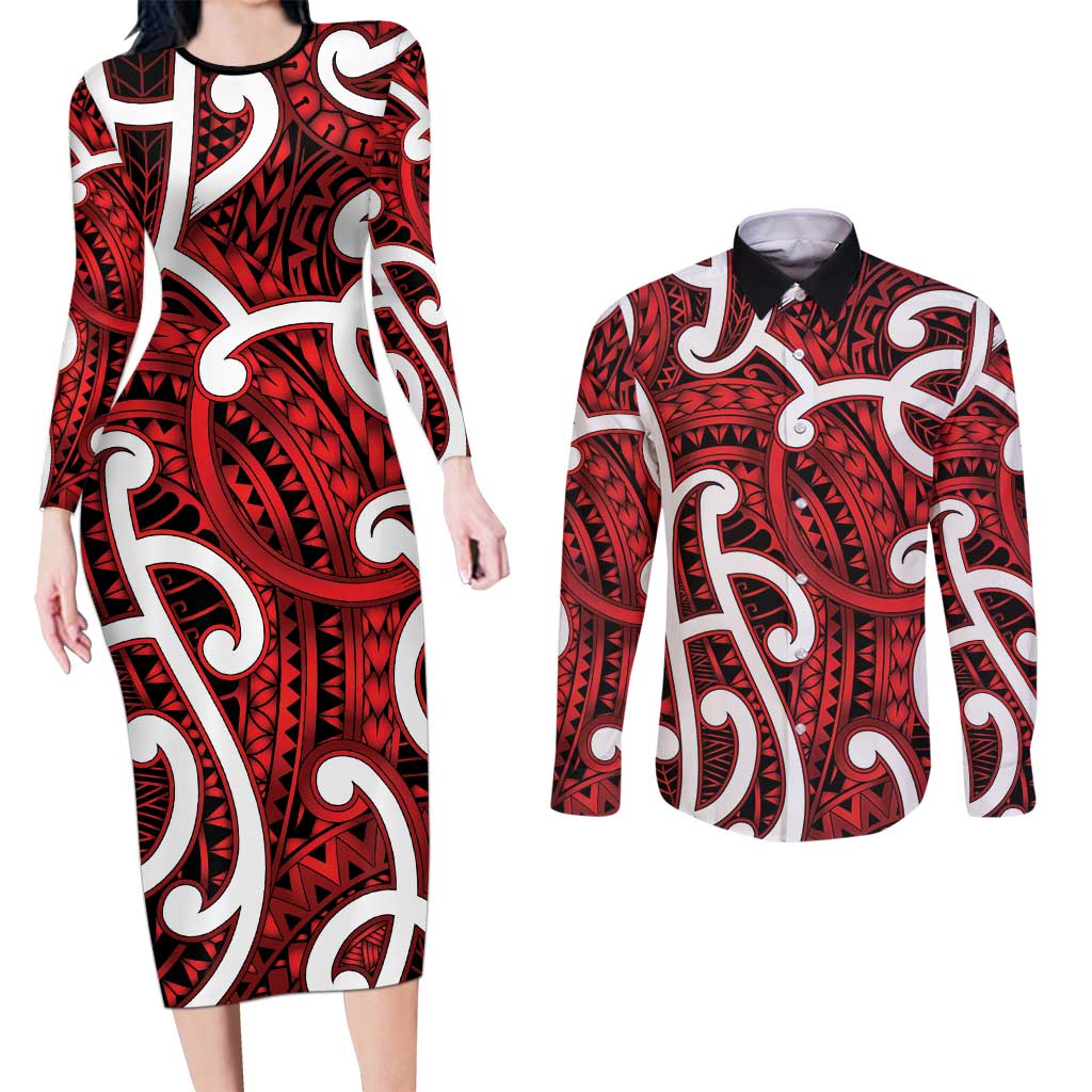 Aotearoa Maori Kowhaiwhai Couples Matching Long Sleeve Bodycon Dress and Long Sleeve Button Shirt Whero Puhoro and Patiki