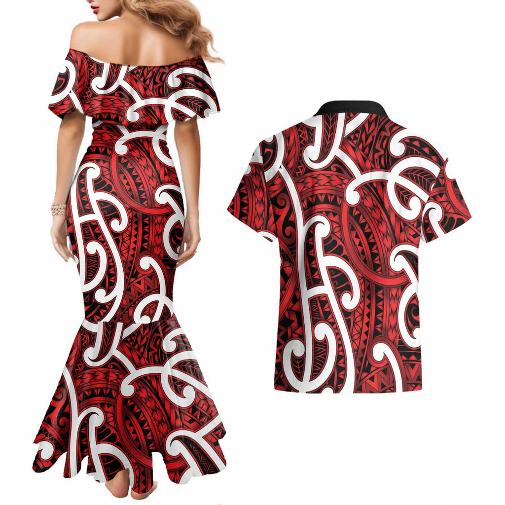 Aotearoa Maori Kowhaiwhai Couples Matching Mermaid Dress and Hawaiian Shirt Whero Puhoro and Patiki