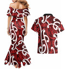 Aotearoa Maori Kowhaiwhai Couples Matching Mermaid Dress and Hawaiian Shirt Whero Puhoro and Patiki