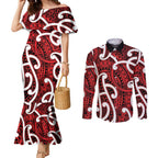 Aotearoa Maori Kowhaiwhai Couples Matching Mermaid Dress and Long Sleeve Button Shirt Whero Puhoro and Patiki