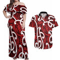 Aotearoa Maori Kowhaiwhai Couples Matching Off Shoulder Maxi Dress and Hawaiian Shirt Whero Puhoro and Patiki