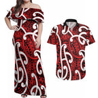 Aotearoa Maori Kowhaiwhai Couples Matching Off Shoulder Maxi Dress and Hawaiian Shirt Whero Puhoro and Patiki