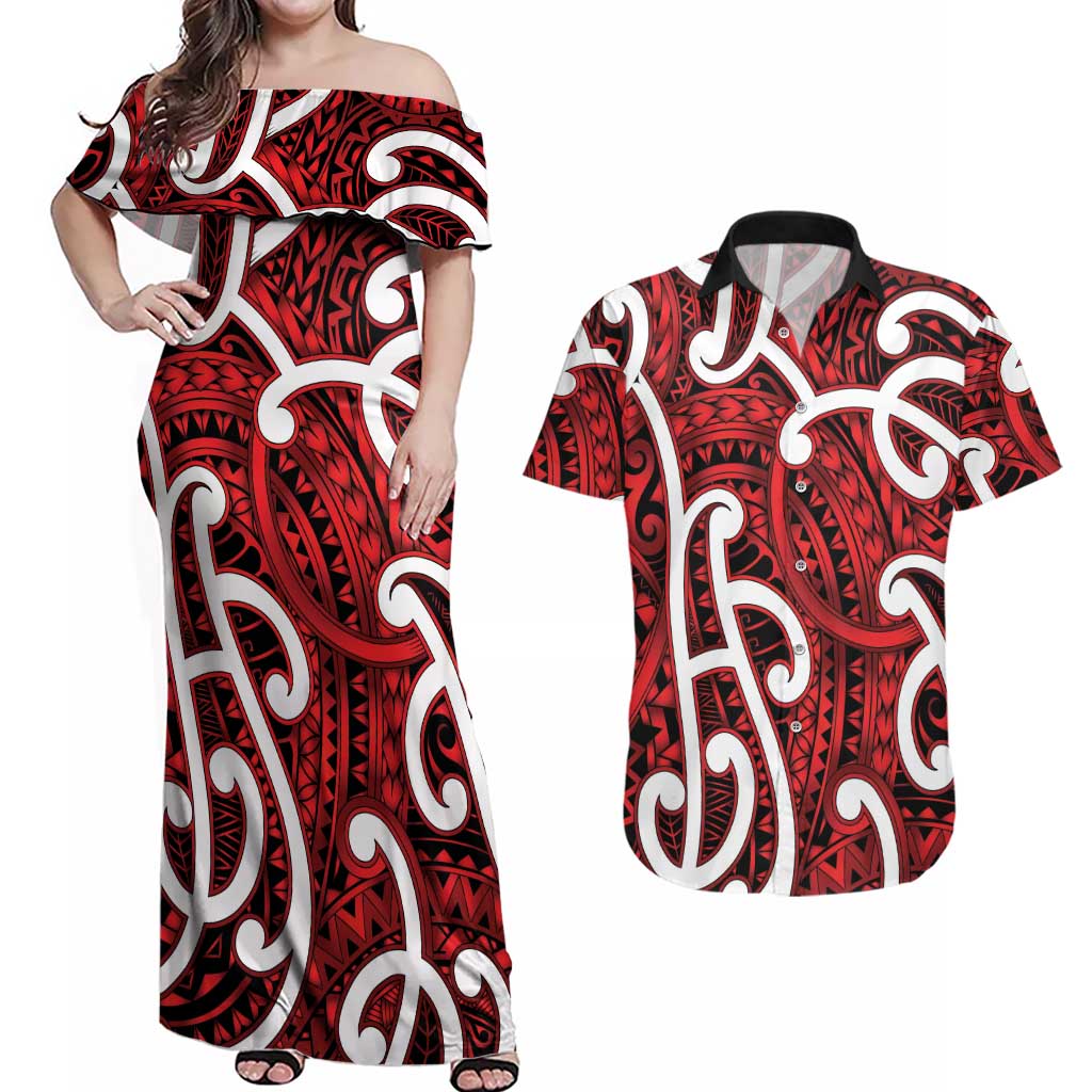 Aotearoa Maori Kowhaiwhai Couples Matching Off Shoulder Maxi Dress and Hawaiian Shirt Whero Puhoro and Patiki