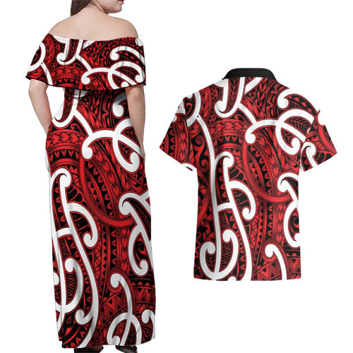 Aotearoa Maori Kowhaiwhai Couples Matching Off Shoulder Maxi Dress and Hawaiian Shirt Whero Puhoro and Patiki