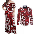 Aotearoa Maori Kowhaiwhai Couples Matching Off Shoulder Maxi Dress and Long Sleeve Button Shirt Whero Puhoro and Patiki