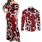 Aotearoa Maori Kowhaiwhai Couples Matching Off Shoulder Maxi Dress and Long Sleeve Button Shirt Whero Puhoro and Patiki