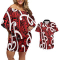 Aotearoa Maori Kowhaiwhai Couples Matching Off Shoulder Short Dress and Hawaiian Shirt Whero Puhoro and Patiki