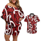 Aotearoa Maori Kowhaiwhai Couples Matching Off Shoulder Short Dress and Hawaiian Shirt Whero Puhoro and Patiki