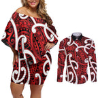 Aotearoa Maori Kowhaiwhai Couples Matching Off Shoulder Short Dress and Long Sleeve Button Shirt Whero Puhoro and Patiki