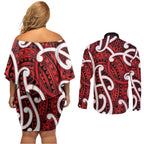 Aotearoa Maori Kowhaiwhai Couples Matching Off Shoulder Short Dress and Long Sleeve Button Shirt Whero Puhoro and Patiki