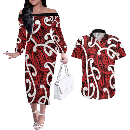 Aotearoa Maori Kowhaiwhai Couples Matching Off The Shoulder Long Sleeve Dress and Hawaiian Shirt Whero Puhoro and Patiki