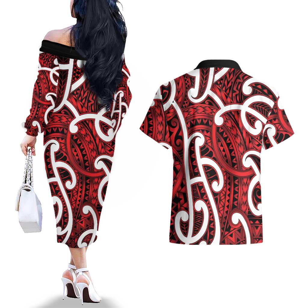 Aotearoa Maori Kowhaiwhai Couples Matching Off The Shoulder Long Sleeve Dress and Hawaiian Shirt Whero Puhoro and Patiki