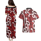 Aotearoa Maori Kowhaiwhai Couples Matching Puletasi and Hawaiian Shirt Whero Puhoro and Patiki