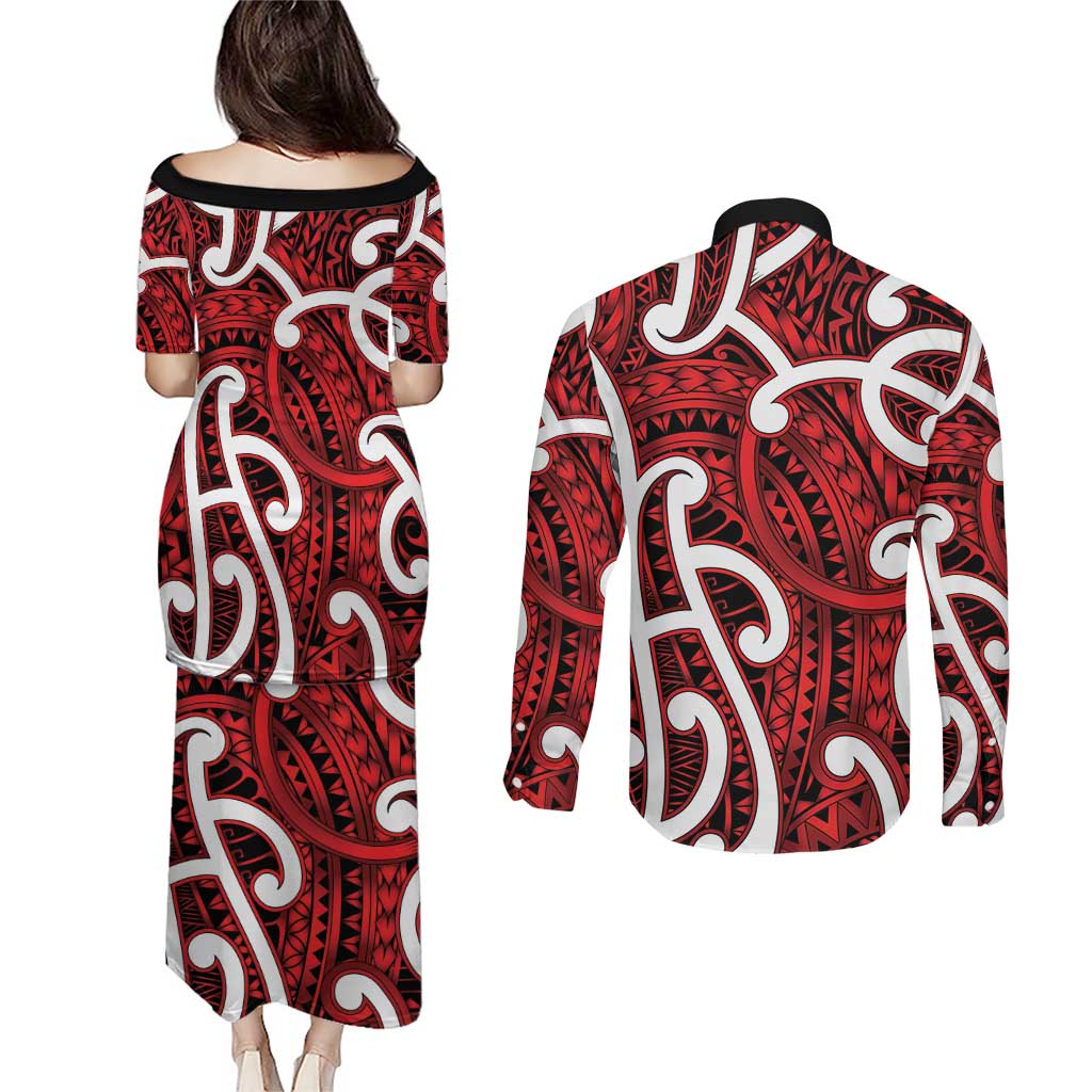 Aotearoa Maori Kowhaiwhai Couples Matching Puletasi and Long Sleeve Button Shirt Whero Puhoro and Patiki