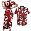Aotearoa Maori Kowhaiwhai Couples Matching Short Sleeve Bodycon Dress and Hawaiian Shirt Whero Puhoro and Patiki